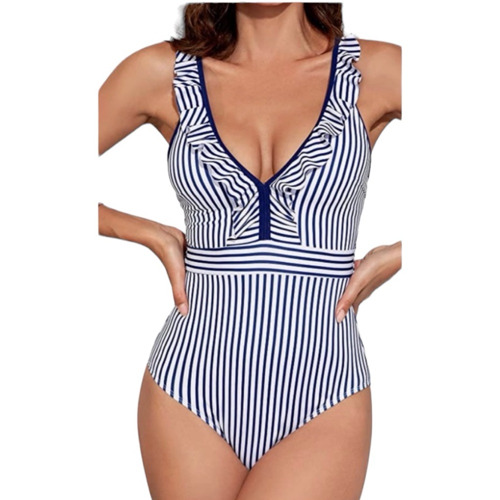 FELNART navy blue one piece Swimsuit Ruffled V Neck Strappy Open cross back NWT